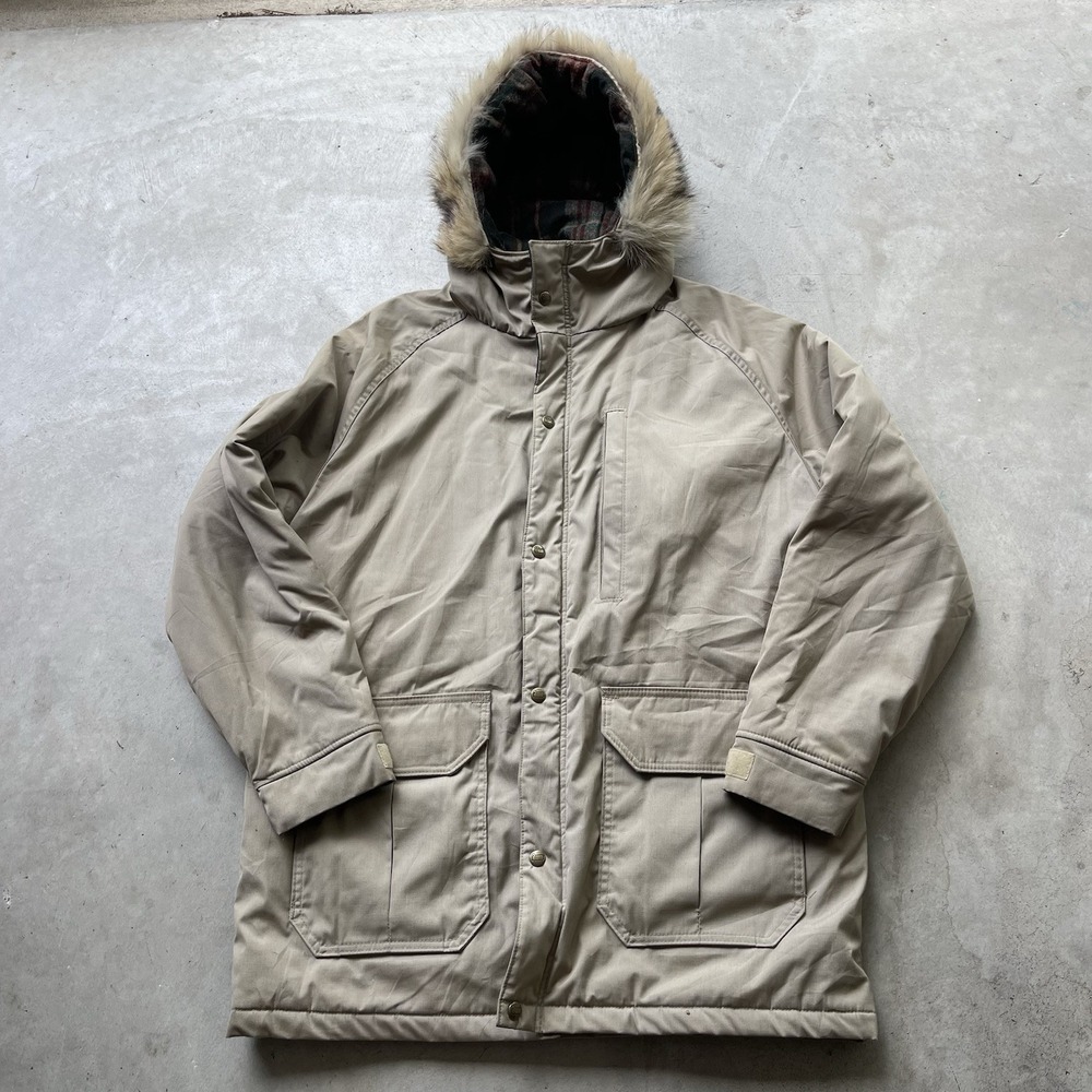 Vintage Woolrich Men's Wool Lined Tan Parka Jacket Coyote Fur Hood Size L